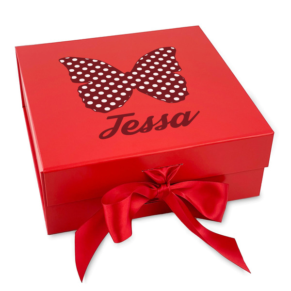Custom Polka Dot Butterfly Gift Box with Magnetic Lid - Red (Personalized)