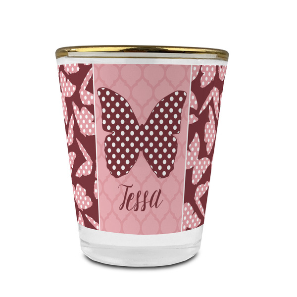 Polka Dot Butterfly Glass Shot Glass - With gold rim - FRONT