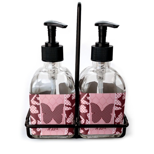 Custom Polka Dot Butterfly Glass Soap & Lotion Bottle Set (Personalized)