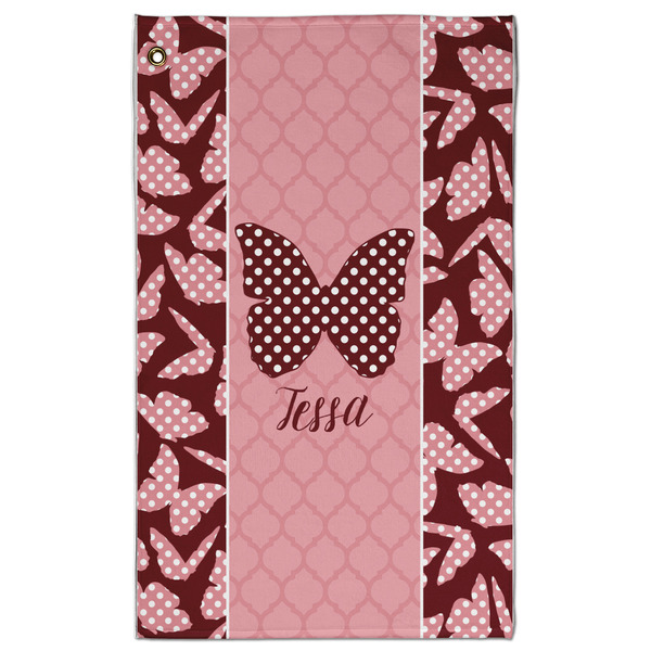 Custom Polka Dot Butterfly Golf Towel - Poly-Cotton Blend w/ Name or Text