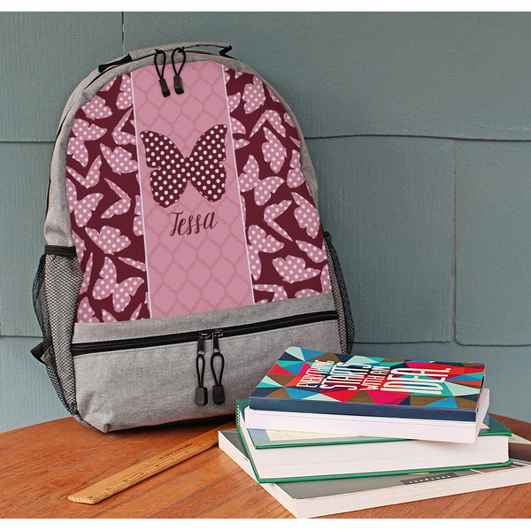 Polka Dot Butterfly Large Backpack - Gray - On Desk