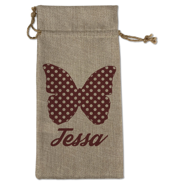 Custom Polka Dot Butterfly Large Burlap Gift Bag - Front (Personalized)