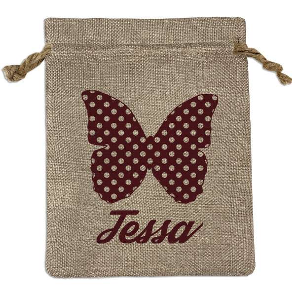 Custom Polka Dot Butterfly Medium Burlap Gift Bag - Front (Personalized)