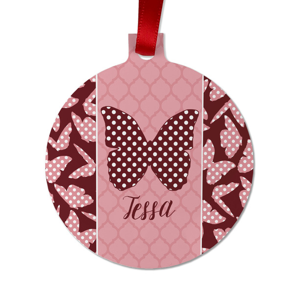 Custom Polka Dot Butterfly Metal Ball Ornament - Double Sided w/ Name or Text