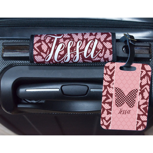 Polka Dot Butterfly Metal Luggage Tag & Handle Wrap - In Context