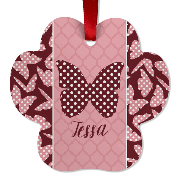 Custom Polka Dot Butterfly Metal Paw Ornament - Double Sided w/ Name or Text