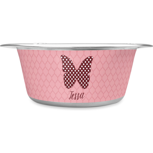 Custom Polka Dot Butterfly Stainless Steel Dog Bowl - Large (Personalized)