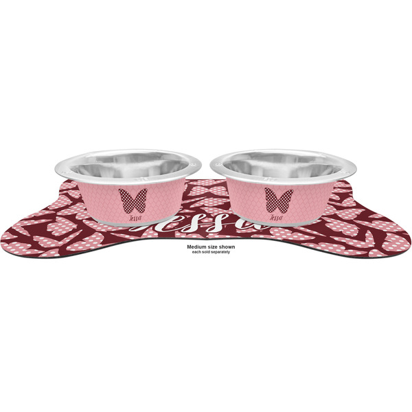 Polka Dot Butterfly Metal Pet Bowls - On Dog Bone Shaped Mat