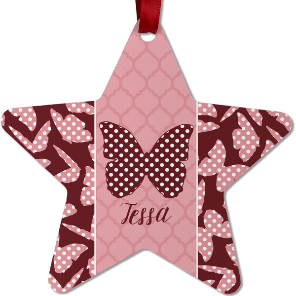 Custom Polka Dot Butterfly Metal Star Ornament - Double Sided w/ Name or Text