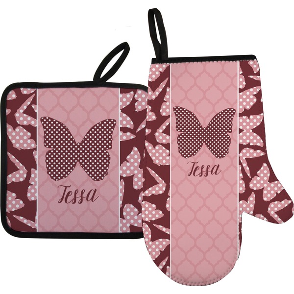 Custom Polka Dot Butterfly Right Oven Mitt & Pot Holder Set w/ Name or Text
