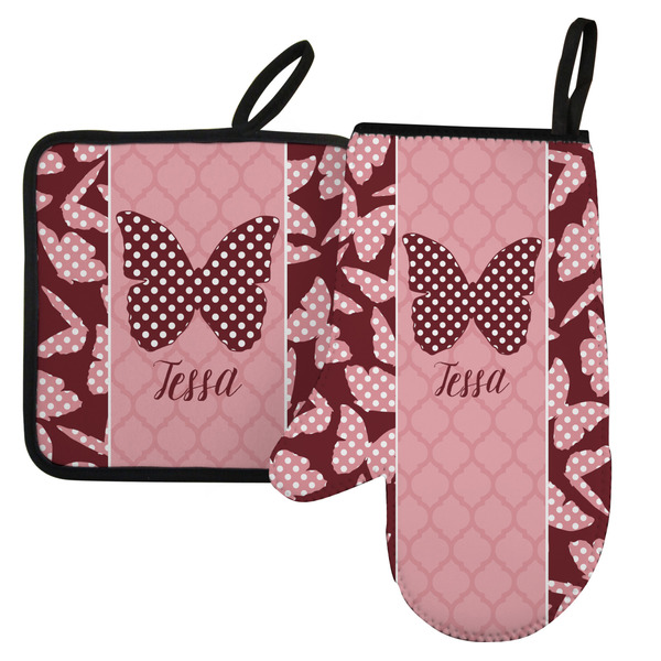 Custom Polka Dot Butterfly Left Oven Mitt & Pot Holder Set w/ Name or Text