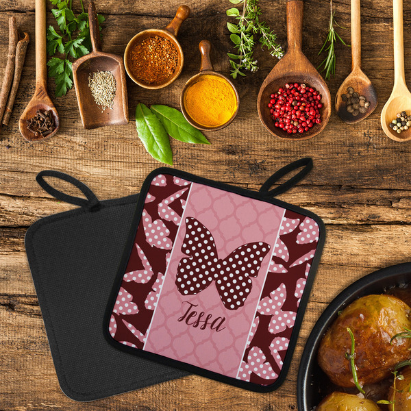 Polka Dot Butterfly Neoprene Pot Holder - Set of 2  LIFESTYLE (Flatlay)