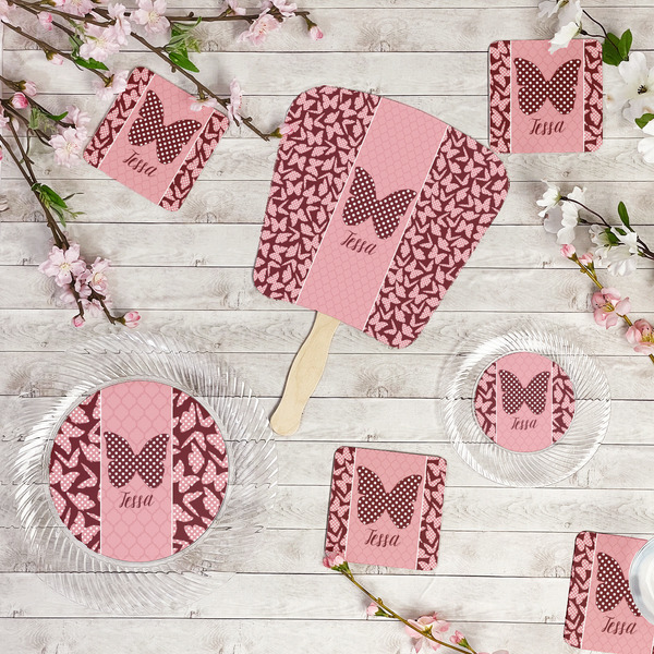 Polka Dot Butterfly Party Supplies Combination Image - All items - Plates, Coasters, Fans