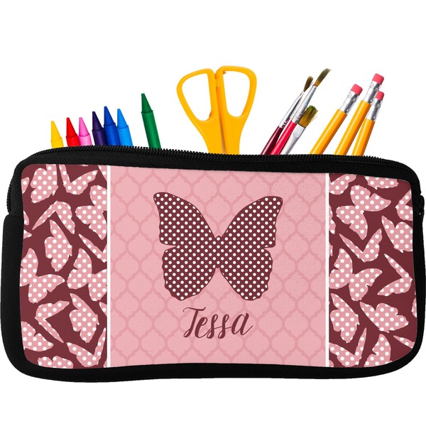 Custom Polka Dot Butterfly Neoprene Pencil Case - Small w/ Name or Text