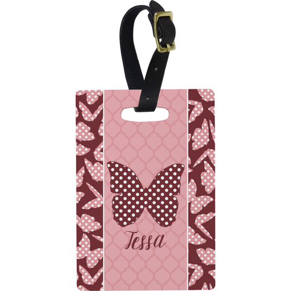 Custom Polka Dot Butterfly Plastic Luggage Tag - Rectangular w/ Name or Text