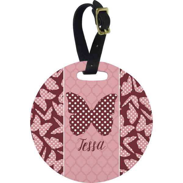 Custom Polka Dot Butterfly Plastic Luggage Tag - Round (Personalized)