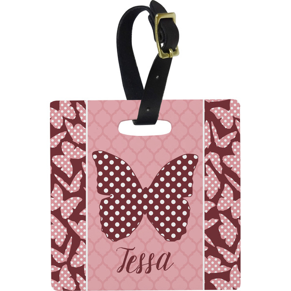 Custom Polka Dot Butterfly Plastic Luggage Tag - Square w/ Name or Text