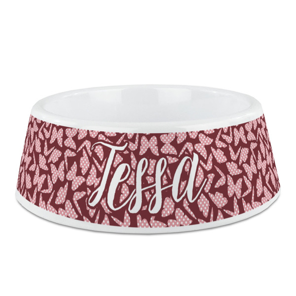 Custom Polka Dot Butterfly Plastic Dog Bowl - Medium (Personalized)