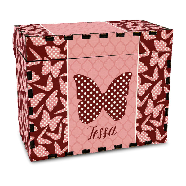 Custom Polka Dot Butterfly Wood Recipe Box - Full Color Print (Personalized)