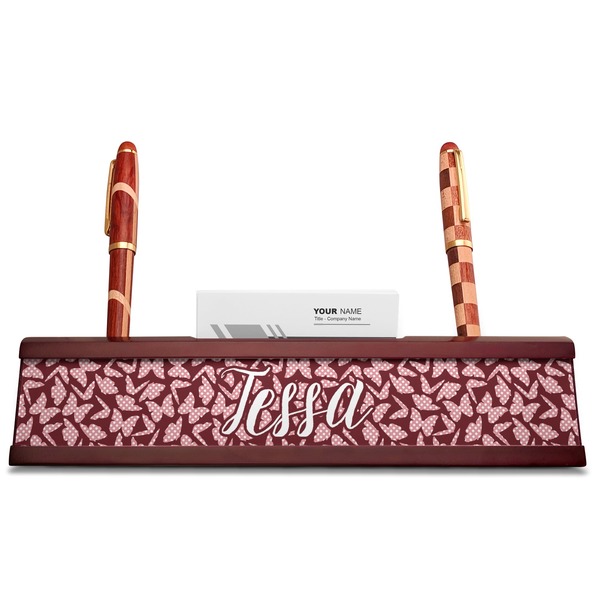 Polka Dot Butterfly Red Mahogany Nameplates with Business Card Holder - Straight