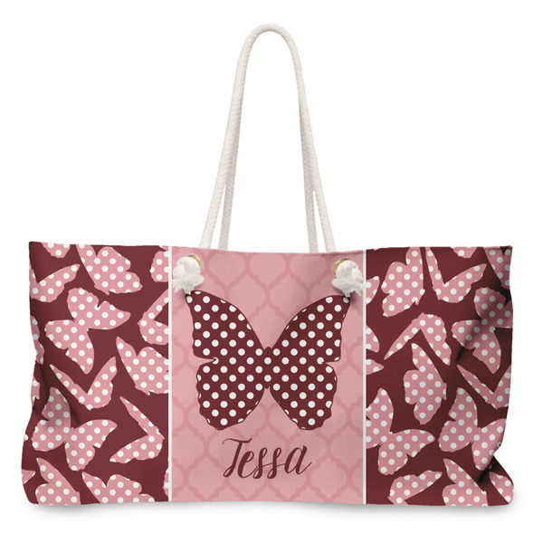 Custom Polka Dot Butterfly Large Tote Bag with Rope Handles (Personalized)
