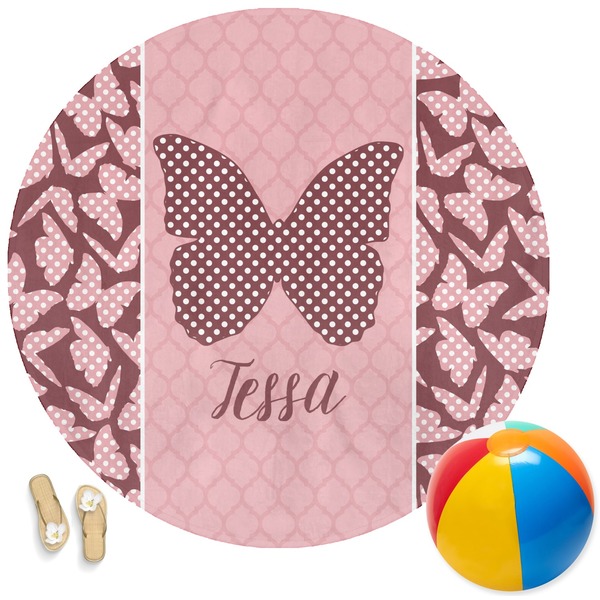 Custom Polka Dot Butterfly Round Beach Towel (Personalized)