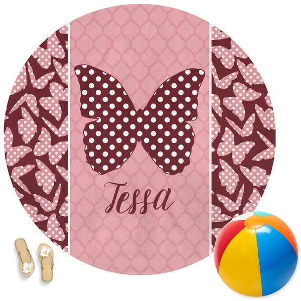 Custom Polka Dot Butterfly Round Beach Towel (Personalized)