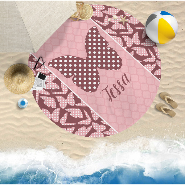 Polka Dot Butterfly Round Beach Towel Lifestyle