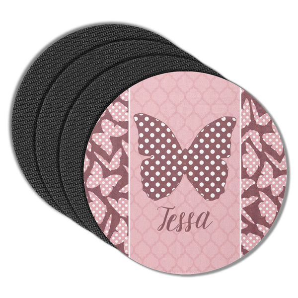 Custom Polka Dot Butterfly Round Rubber Backed Coasters - Set of 4 (Personalized)
