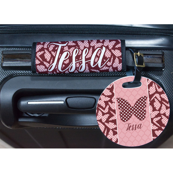 Polka Dot Butterfly Round Luggage Tag & Handle Wrap - In Context