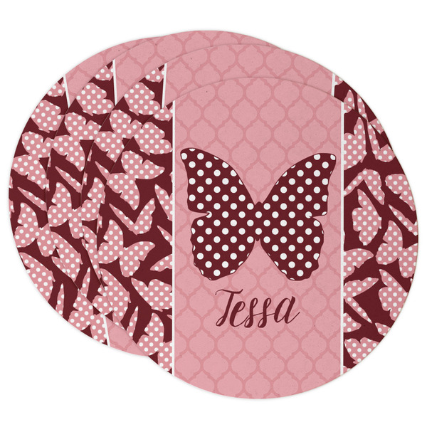 Custom Polka Dot Butterfly Round Paper Coasters w/ Name or Text