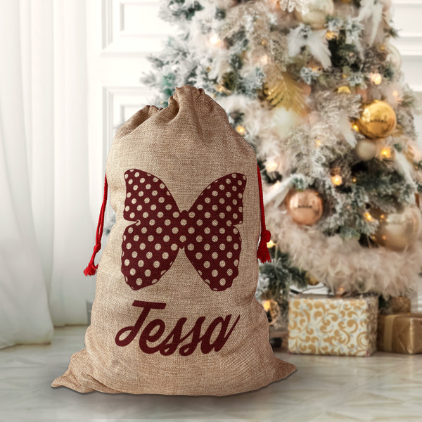 Polka Dot Butterfly Santa Bag - Front (stuffed)