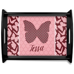 Polka Dot Butterfly Black Wooden Tray - Large (Personalized)