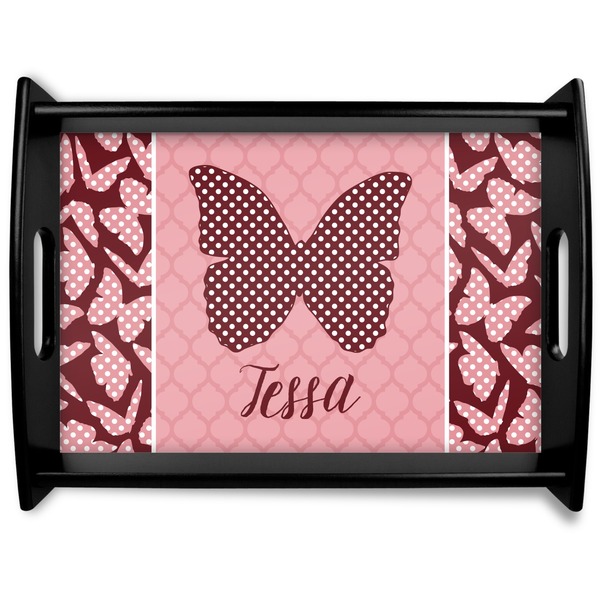 Custom Polka Dot Butterfly Black Wooden Tray - Large (Personalized)