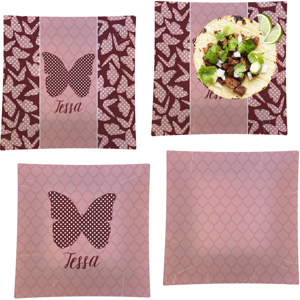 Custom Polka Dot Butterfly Set of 4 Glass Square Lunch / Dinner Plate 9.5" (Personalized)