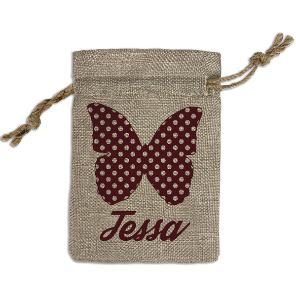 Custom Polka Dot Butterfly Small Burlap Gift Bag - Front (Personalized)