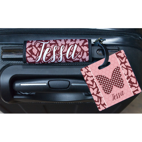 Polka Dot Butterfly Square Luggage Tag & Handle Wrap - In Context