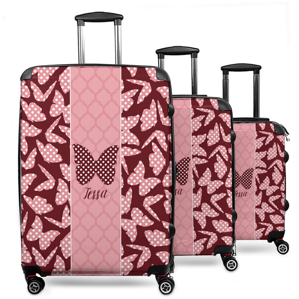 Custom Polka Dot Butterfly 3 Piece Luggage Set - 20" Carry On, 24" Medium Checked, 28" Large Checked (Personalized)
