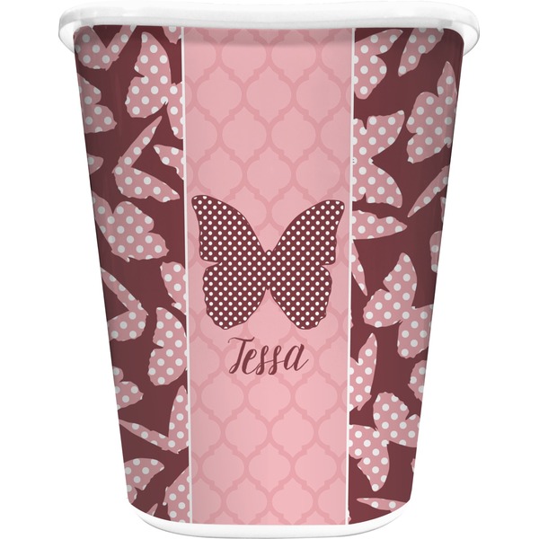Custom Polka Dot Butterfly Waste Basket - Double Sided (White) (Personalized)
