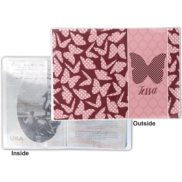 Polka Dot Butterfly Vinyl Passport Holder - Flat Front and Back