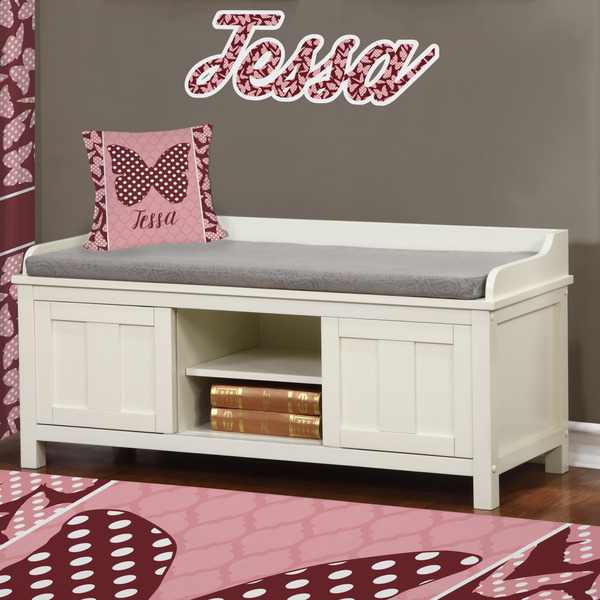 Polka Dot Butterfly Wall Name Decal Above Storage bench