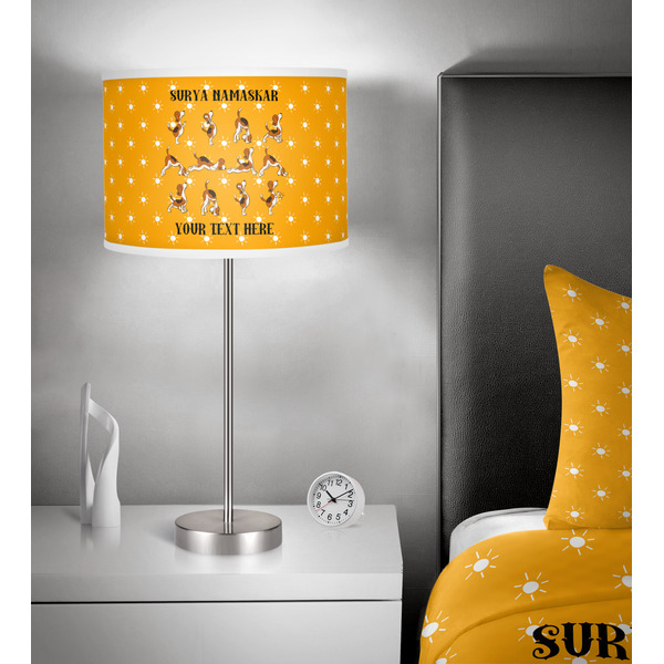 Yoga Dogs Sun Salutations 13 inch drum lamp shade - in room