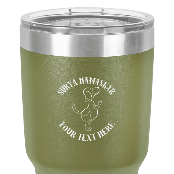 Yoga Dogs Sun Salutations 30 oz Stainless Steel Ringneck Tumbler - Olive - Close Up