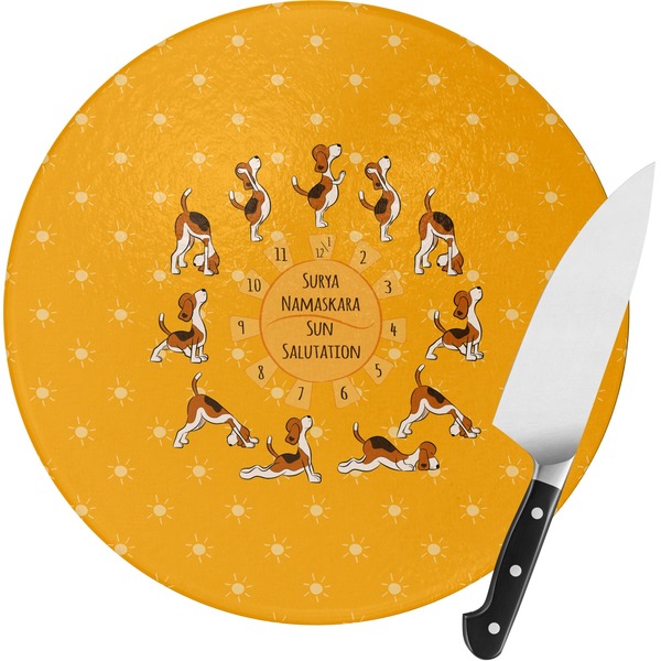 Custom Yoga Dogs Sun Salutations Round Glass Cutting Board - Small