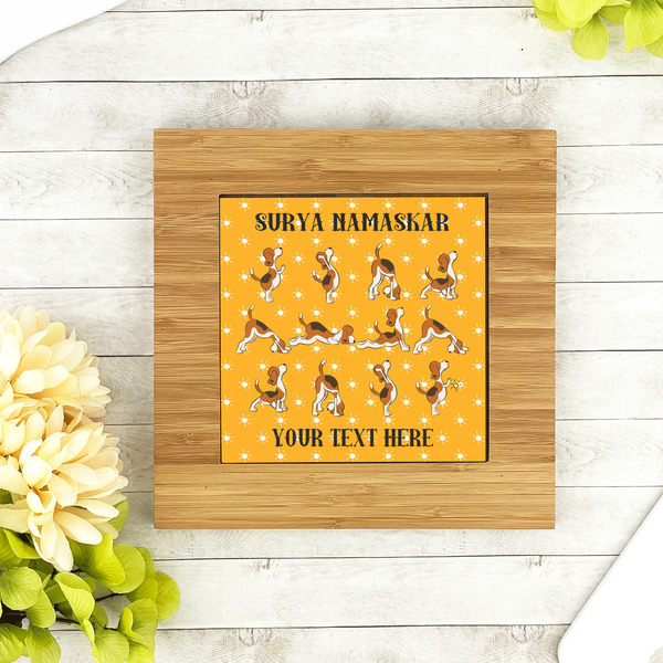 Yoga Dogs Sun Salutations Bamboo Trivet with 6" Tile - LIFESTYLE