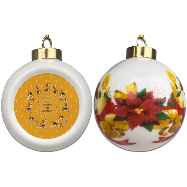 Yoga Dogs Sun Salutations Ceramic Christmas Ornament - Poinsettias (APPROVAL)