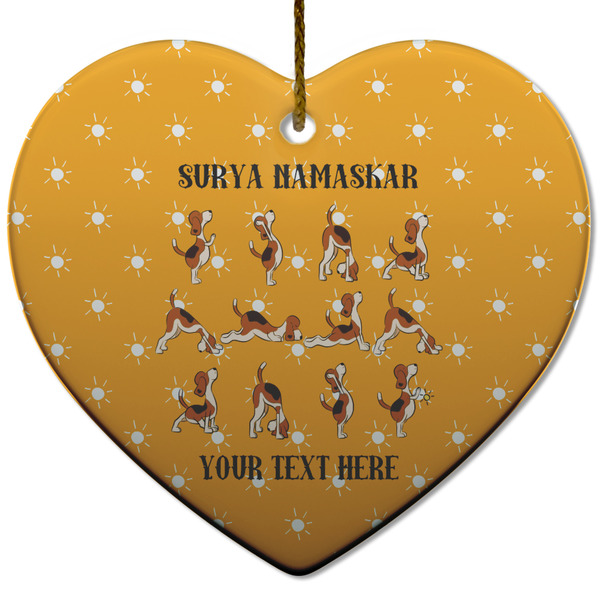Yoga Dogs Sun Salutations Ceramic Flat Ornament - Heart (Front)