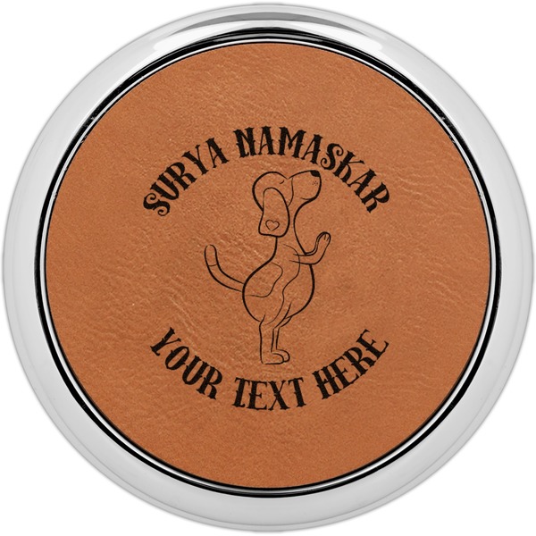 Custom Yoga Dogs Sun Salutations Leatherette Round Coaster w/ Silver Edge (Personalized)