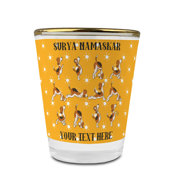 Custom Yoga Dogs Sun Salutations Glass Shot Glass - 1.5 oz - with Gold Rim - Single (Personalized)