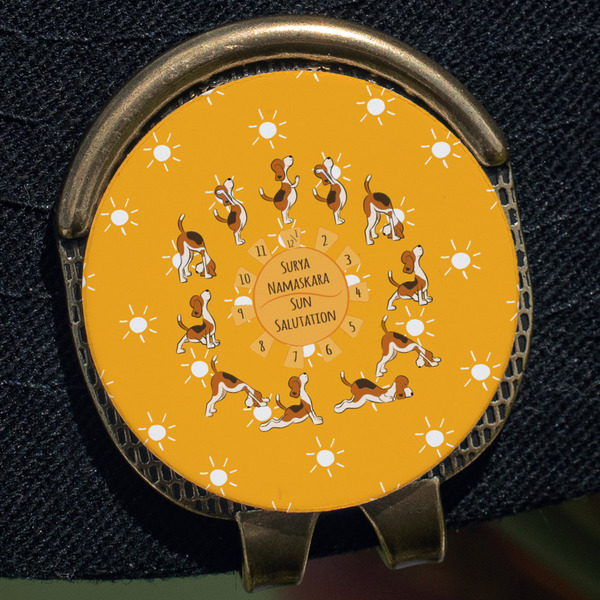 Yoga Dogs Sun Salutations Golf Ball Marker Hat Clip - Gold - Close Up